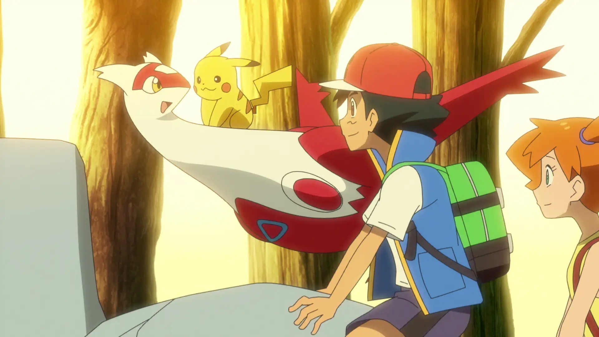 Latias together with Ash, Pikachu, and Misty