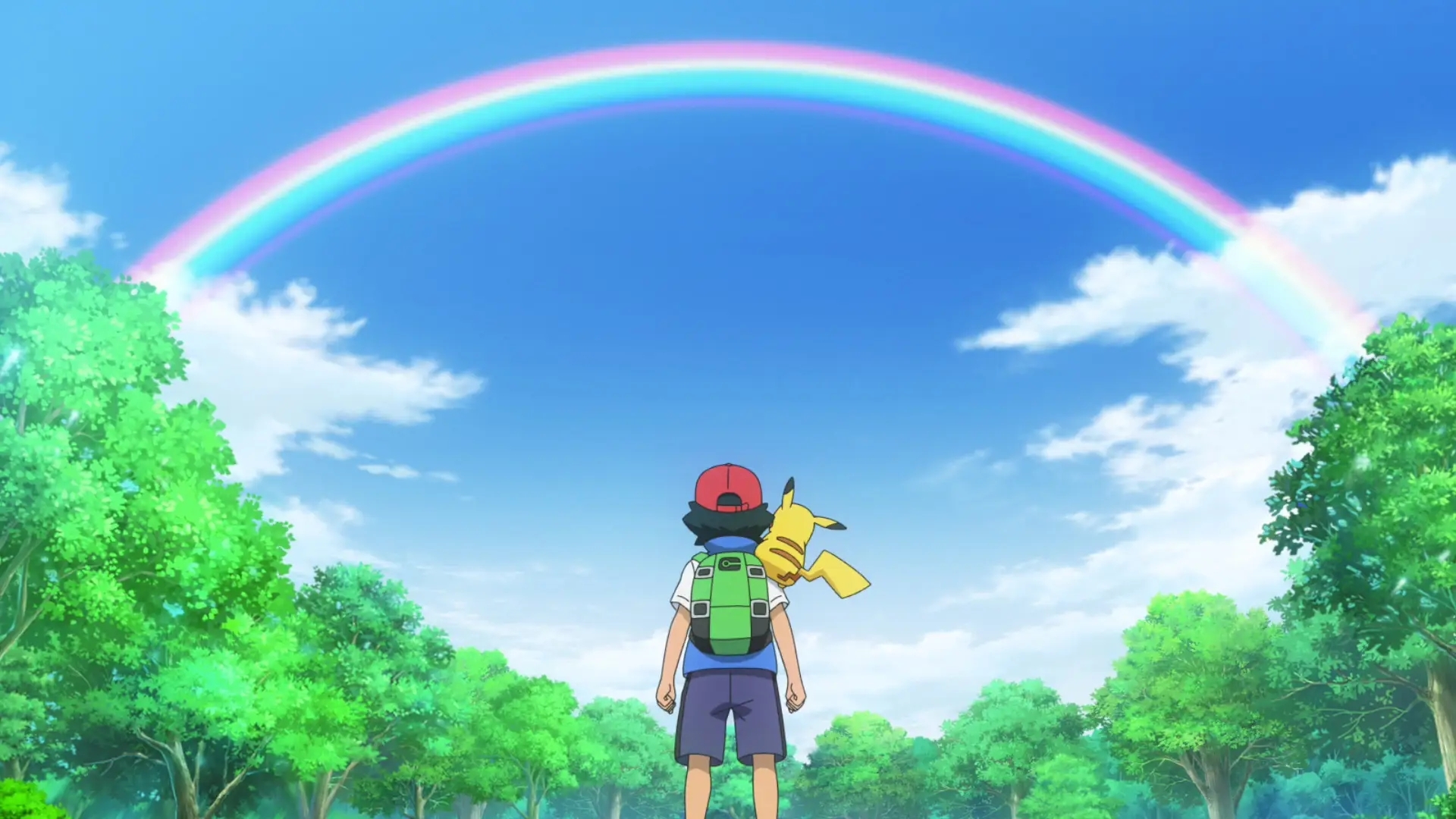 Ash and Pikachu looking up at a rainbow
