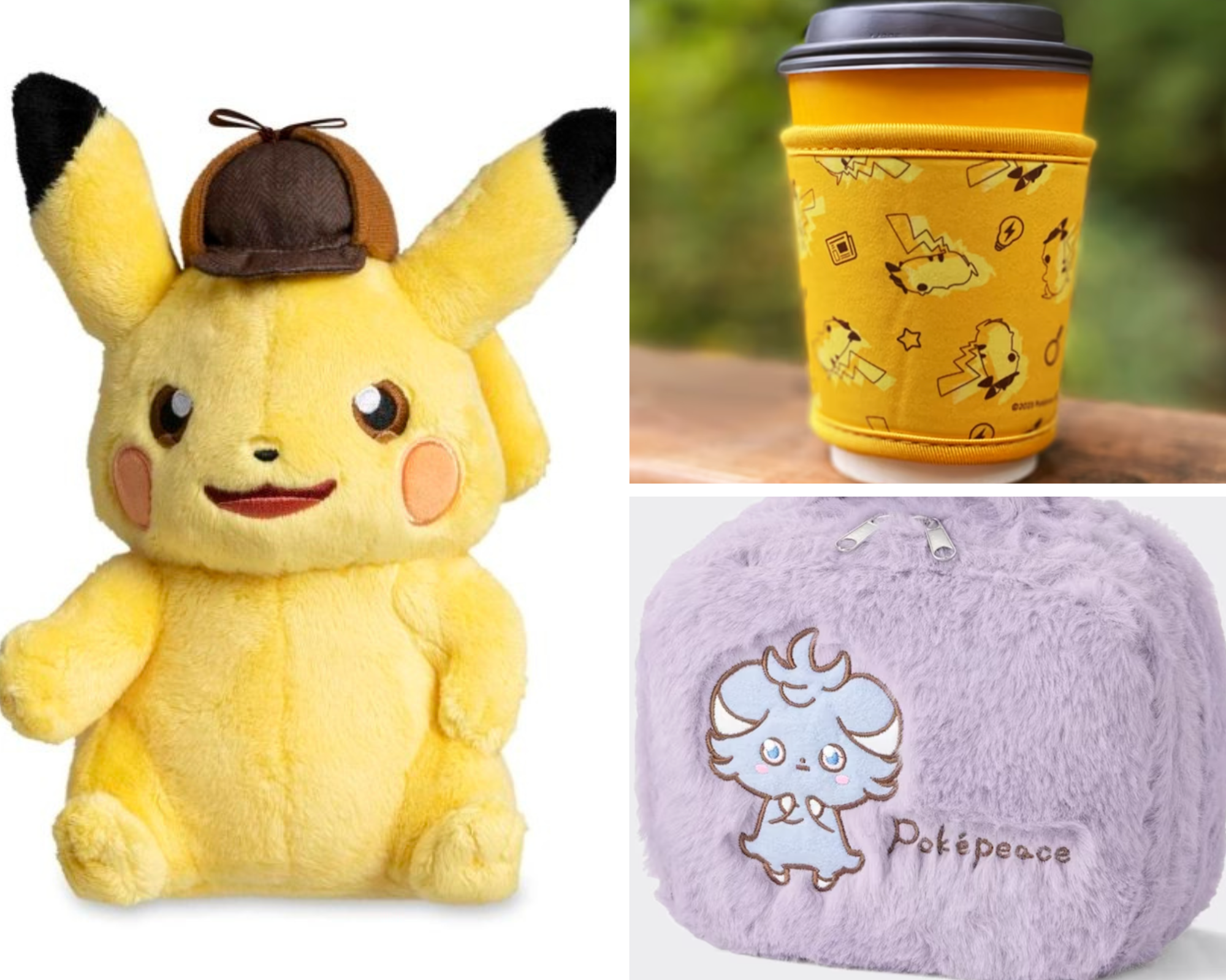 Detective Pikachu Plush, Detective Pikachu coffee cup cozy, and Espurr plush bag by GU