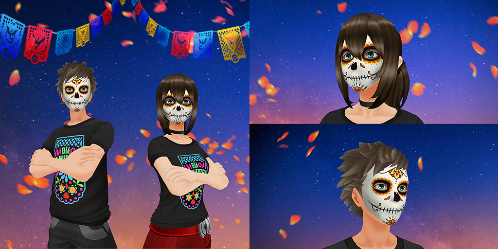 Día de Muertos avatar items, including masks and shirts