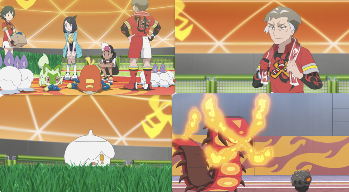 Collage of screenshots from this episode, showing Kabu with Liko, Roy, and their Pokémon; Kaby on his own; Kabu's Litwick without a flame; and Centiskorch