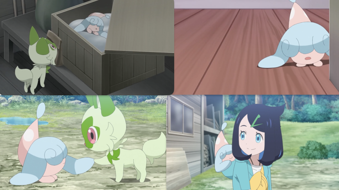 A collage of screenshots from this episode, showing various scenes of Hatenna and Sprigatito together, Hatenna on its own, and Liko with Hatenna riding on its shoulder.
