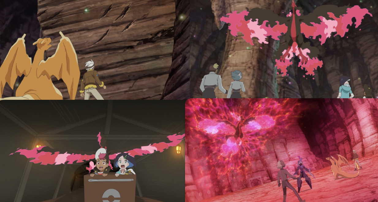 A collage of screenshots from this week's episode, showing Friede and Charizard looking at clawmarks, and several shots of Galarian Moltres threatening the main cast and antagonists