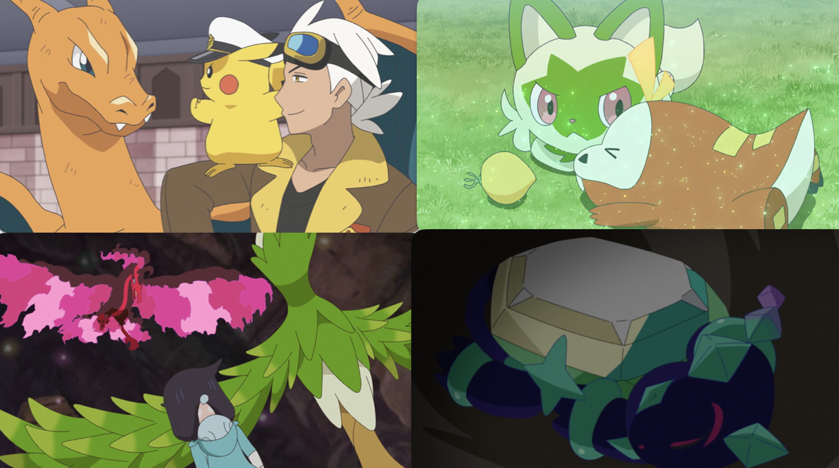 Collage of screenshots from the episode, showing Friede with Captain Pikachu and Charizard; Sprigatito and Fuecoco; Liko with Arboliva and Galarian Moltres; and Terapagos sleeping