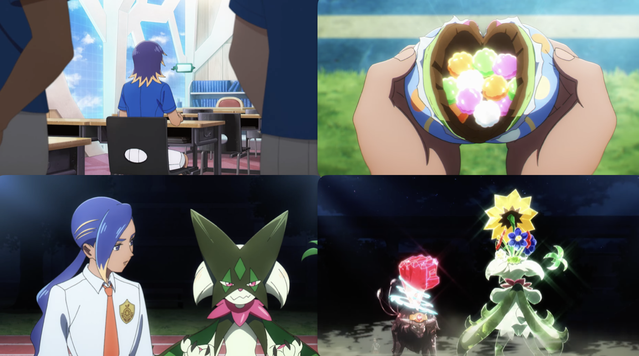 A collage of screenshots, showing Aliquis at his desk; a lucky candy ball being opened; Aliquis with Meoscarada; and a battle between Terastalized Meowscarada and Tauros