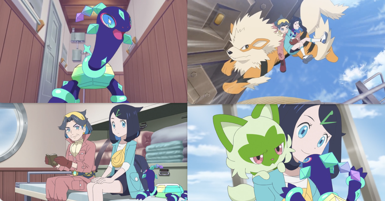 A collage of screeenshots, showing Terapagos; Diana on Arcanine rescuing Liko and Terapagos; DIana showing Liko Lucius's journal; and Liko with Sprigatito and Terapagos