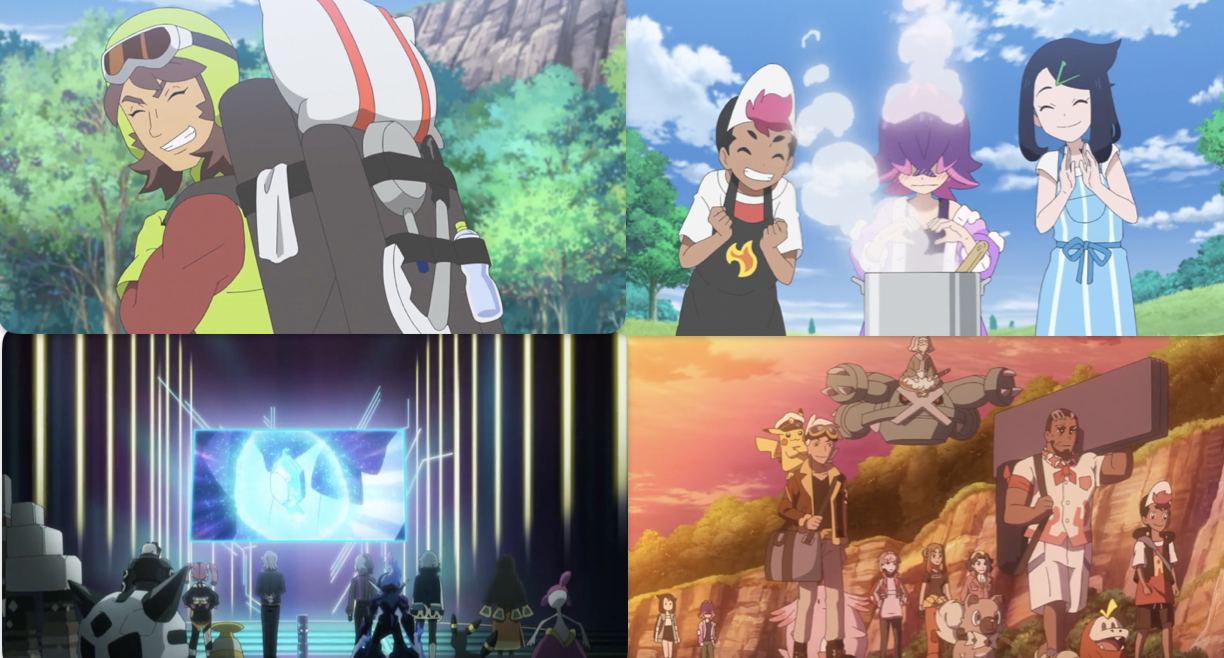 A collage of screenshots from the episode, showing the Ingredient Seller; Roy, Dot, and Liko making curry; The Explorers meeting and discussing Terapagos; and the Rising Volt Tacklers packing up