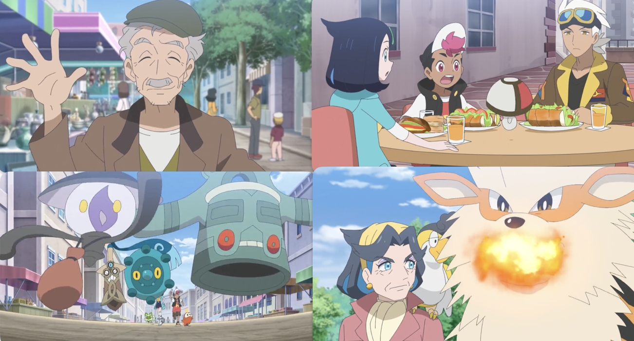 A collage of screeenshots from the episode, showing Teppen; Roy, Liko and Friede reacting in surprise to Fongus; Tepen's Pokémon being chased by Liko and Roy; and Diana threatening to fry Tepen with her Arcanine