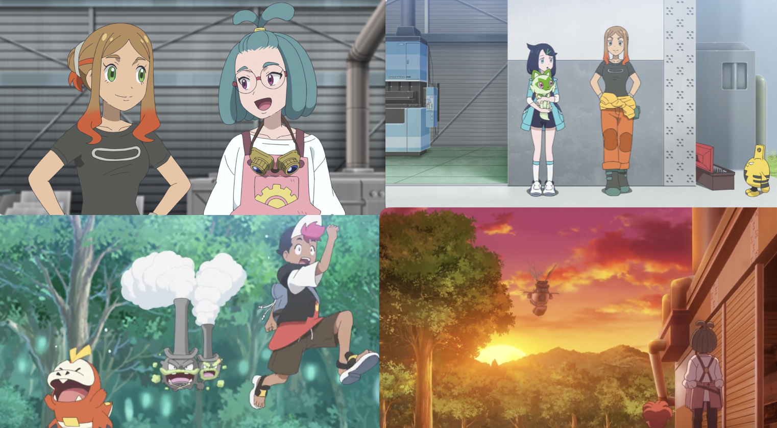 A collage of screenshots from this episode, showing Orla and Khana; Riko talking to Orla; Roy and Fuecoco being chased by a Galarian Weezing; and Khana watching the team fly off on the Brave Asagi