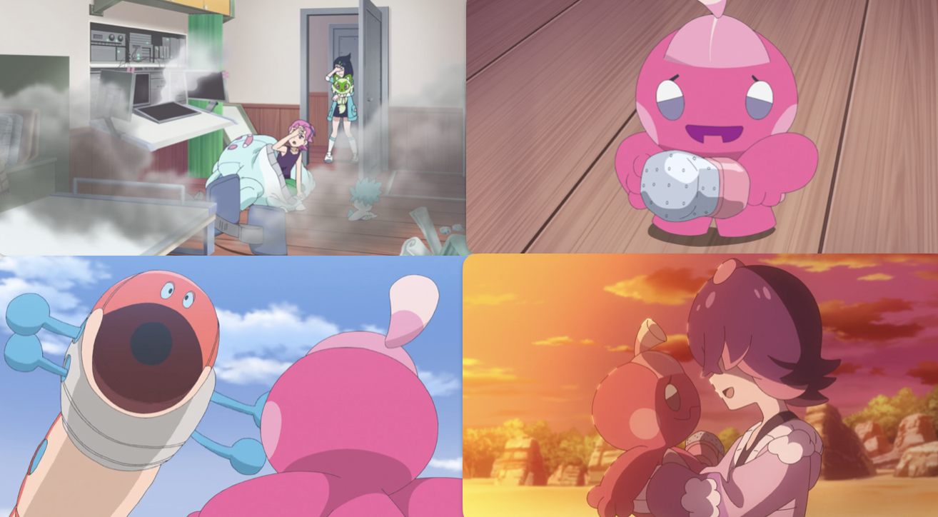 A collage of screenshots from this episode, showing Dot emerging from her Nidothing costume as her computer burns up; Tinkatink holding Dot's old mic; Orthworm attacking Tinkatink; and Dot holding Tinkatink