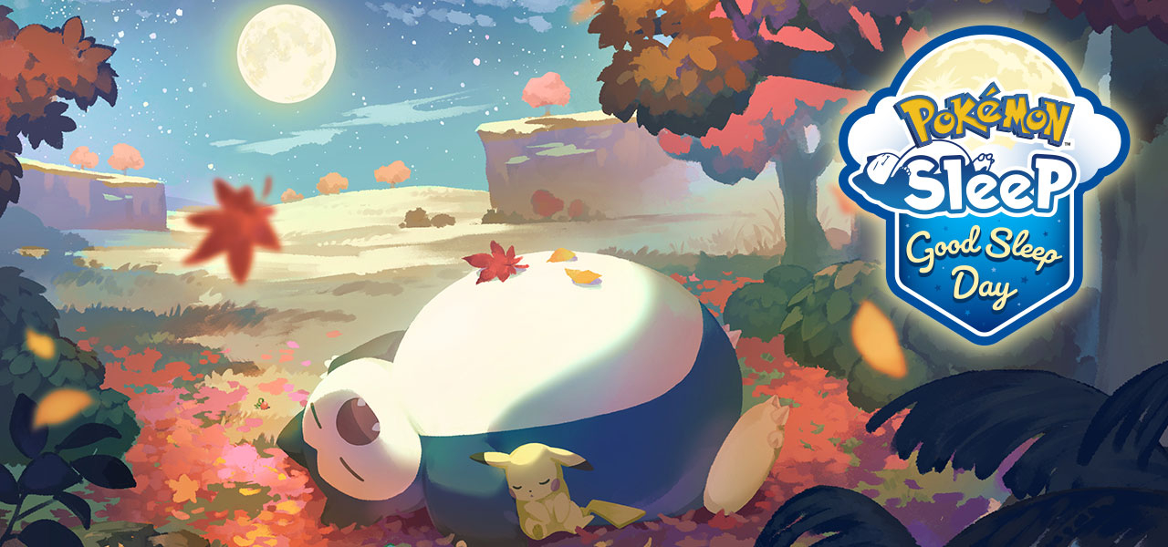 Good Sleep Day Artwork, showing Snorlax and Pikachu sleeping amongst the autumn leaves