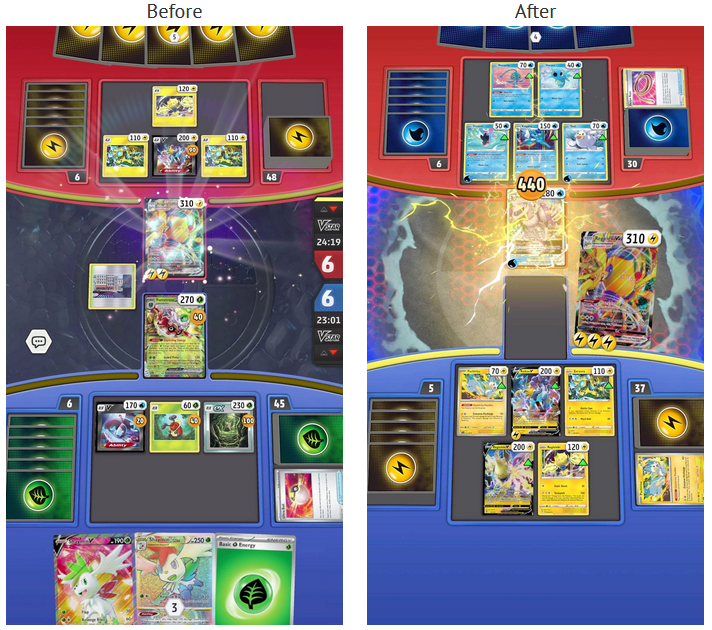 Before and after screenshots for the Pokémon TCG Live mobile client