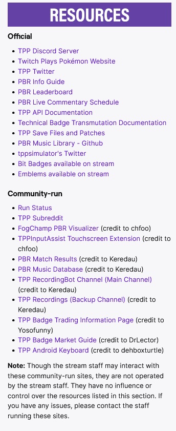 Figure 2. The list of the stream's resources, featuring various archives run by the community. Taken from the [I]Twitch Plays Pokémon[/I] stream.