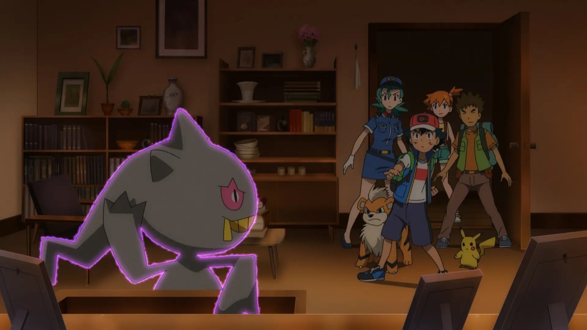 Screenshot of Banette being confronted by Ash, Pikachu, and the gang