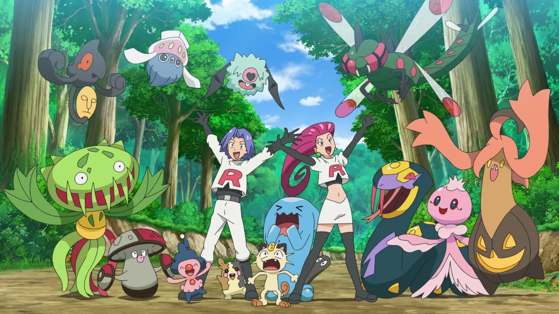 Screenshot showing Team Rocket with all of their partner Pokémon