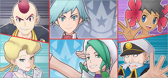 Hoenn Elite Four members Sidney, Phoebe, Glacia, and Drake as well as Champions Steven and Wallace
