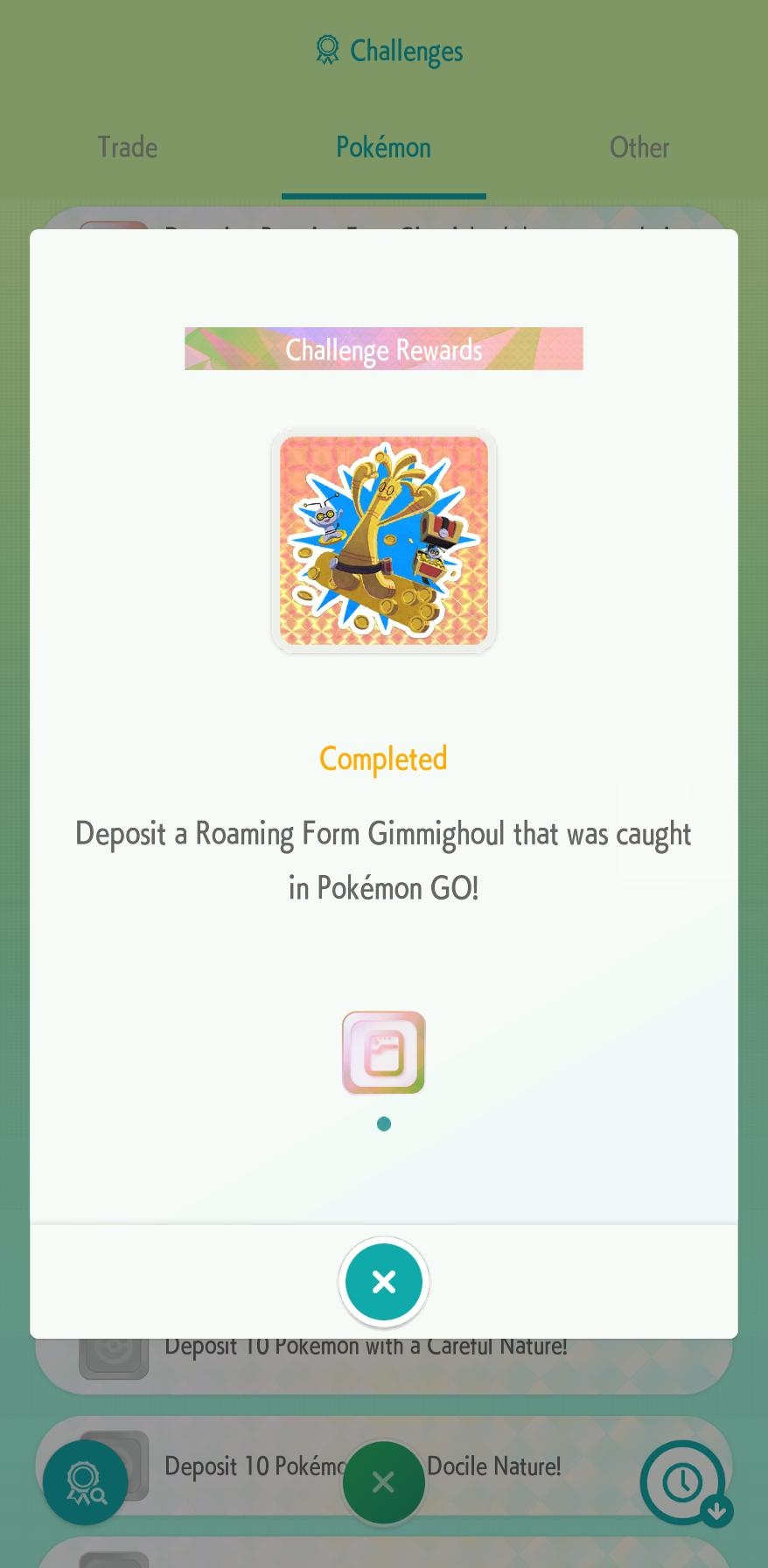 Completed challenge and sticker reward in Pokémon HOME mobile