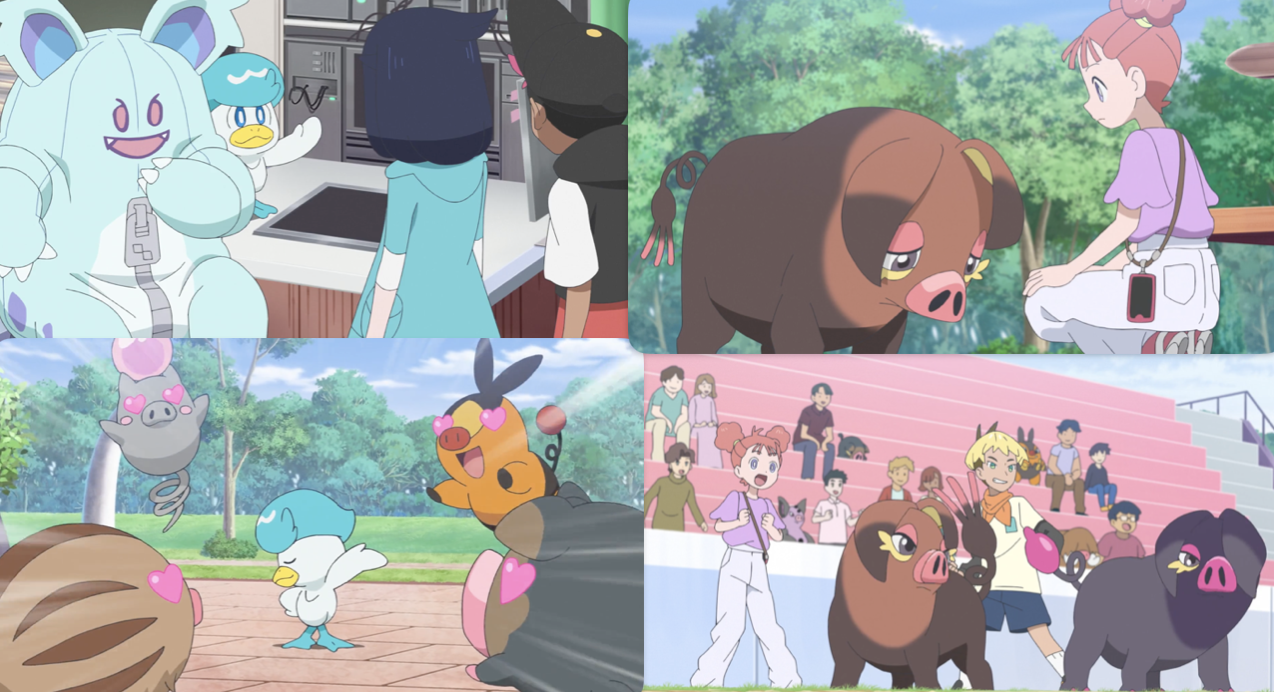 A collage of screenshots from this episode, showing Dot (Nidothing) and Qualxy with Liko and Roy; Yono with her Oinkologne Kuru-chan; Quaxly charming several Pokémon; and Yuno and Renta battling together with their Pokémon Kuru-chan and Prince.