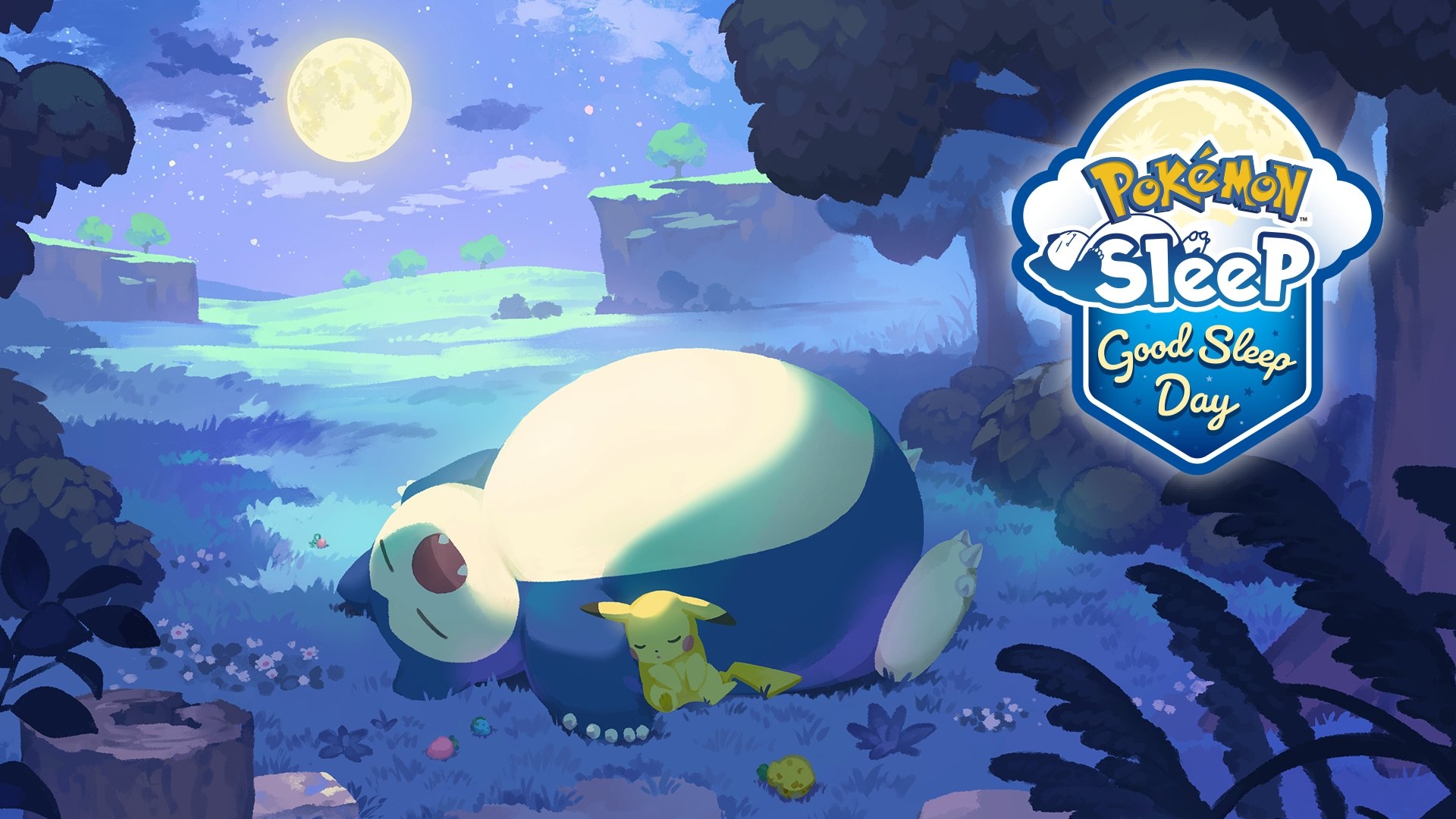 Snorlax and Pikachu sleeping under the full moon