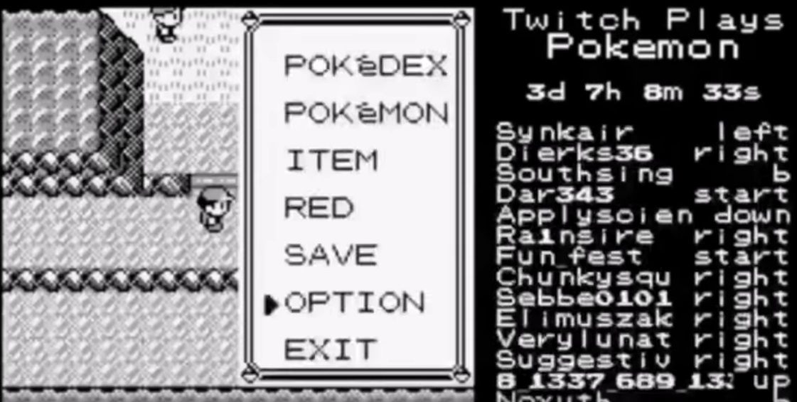 Figure 1. A screenshot of the Twitch Plays Pokémon stream, showing its audience participation elements, taken by the author.